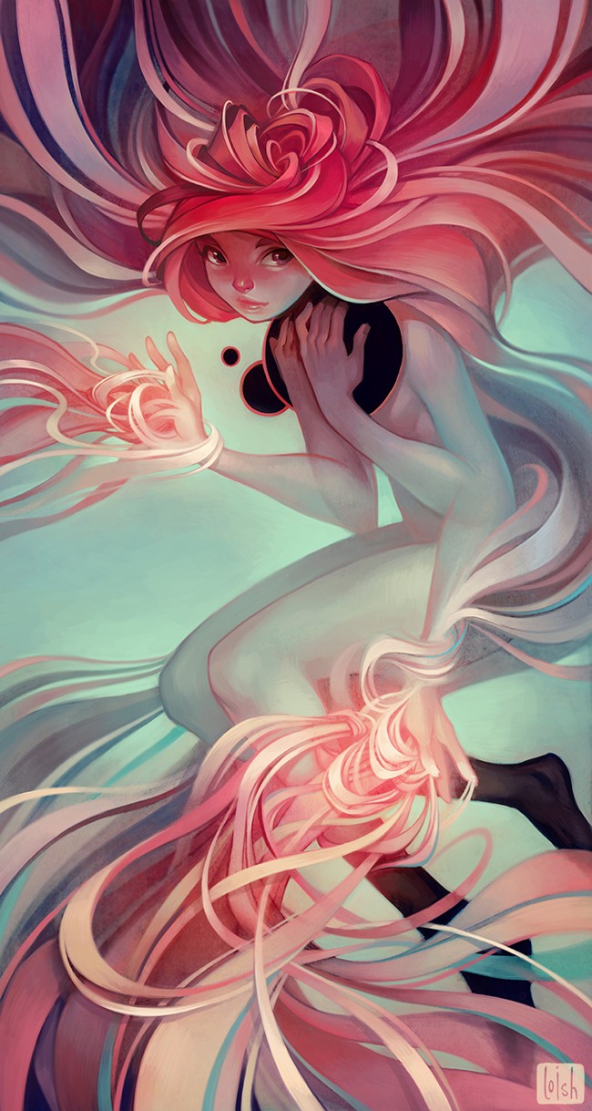 650x1219, 185 Kb / душа, розовые волосы, многорукая, поток, loish