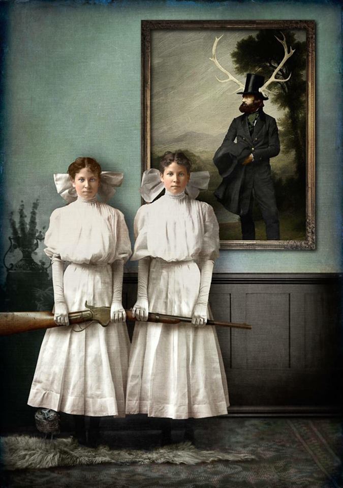 675x960, 91 Kb / девки, ружьё, картина, мужик, рога