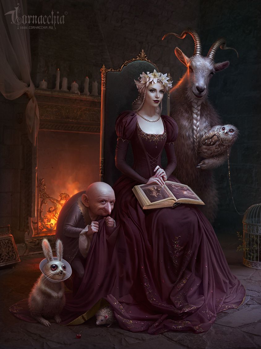 844x1125, 105 Kb / женщина, сова, козел, заяц, карлик, камин, ежик,  Корнаккья