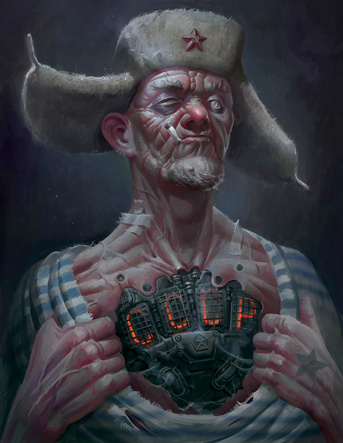 1200x1551, 327 Kb / тельняшка, ушанка, знак качества, ссср, киборг, звезда, сигарета, пластырь