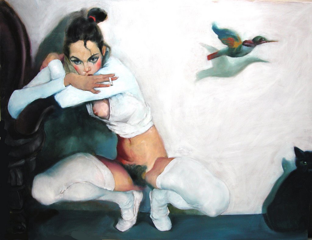 1024x787, 100 Kb / девка, птица, кошка, сигарета, натюр, рисунок