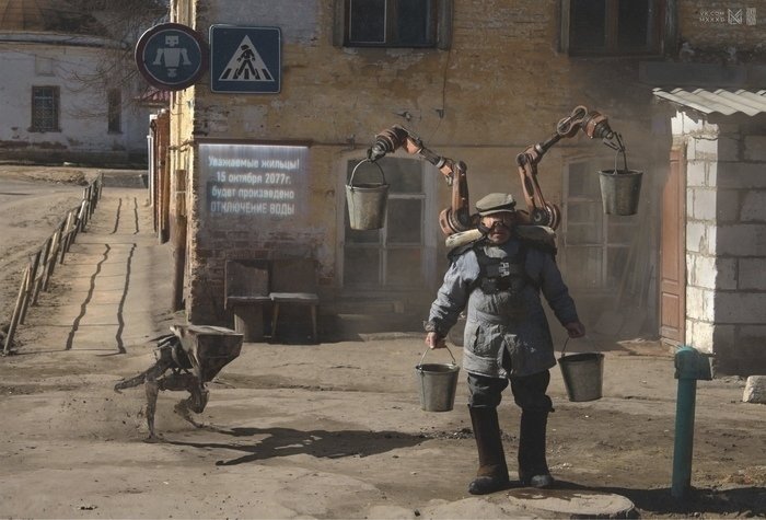 700x475, 69 Kb / Киберпанк, Россия, ведра, отключение воды, коромысло, экзоскелет, 2077