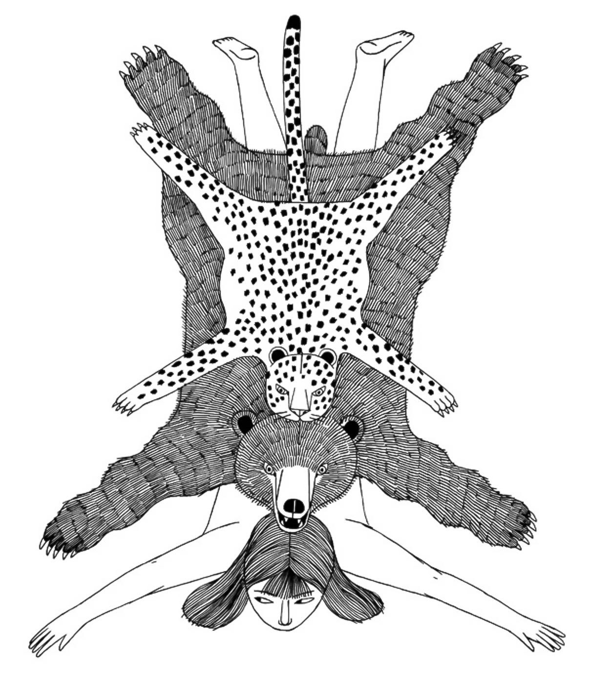 1208x1432, 230 Kb / девка, шкура, леопард, медведь, рисунок