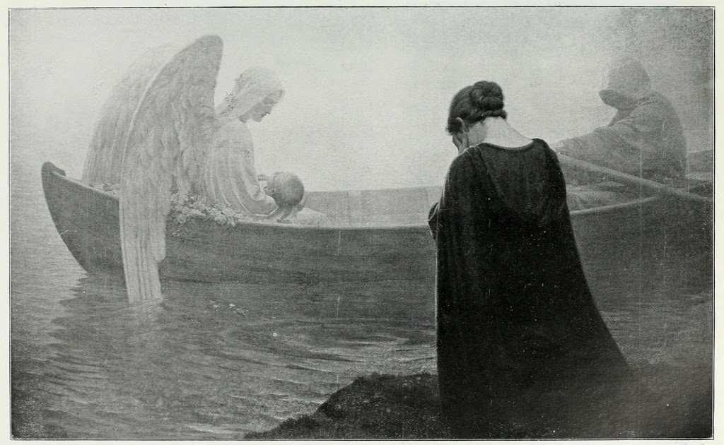 1024x630, 160 Kb / женщина, ангел, ребенок, покойник, река, переправщик, лодка