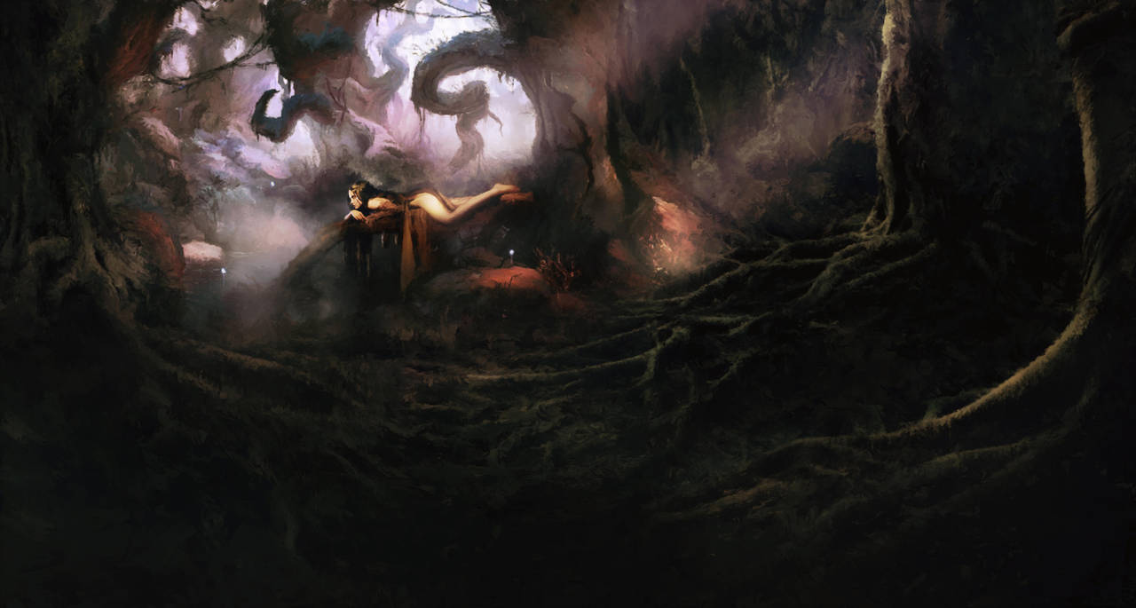 1280x685, 71 Kb / дриада, девушка, лес, чаща, корни, деревья, tavenerscholar