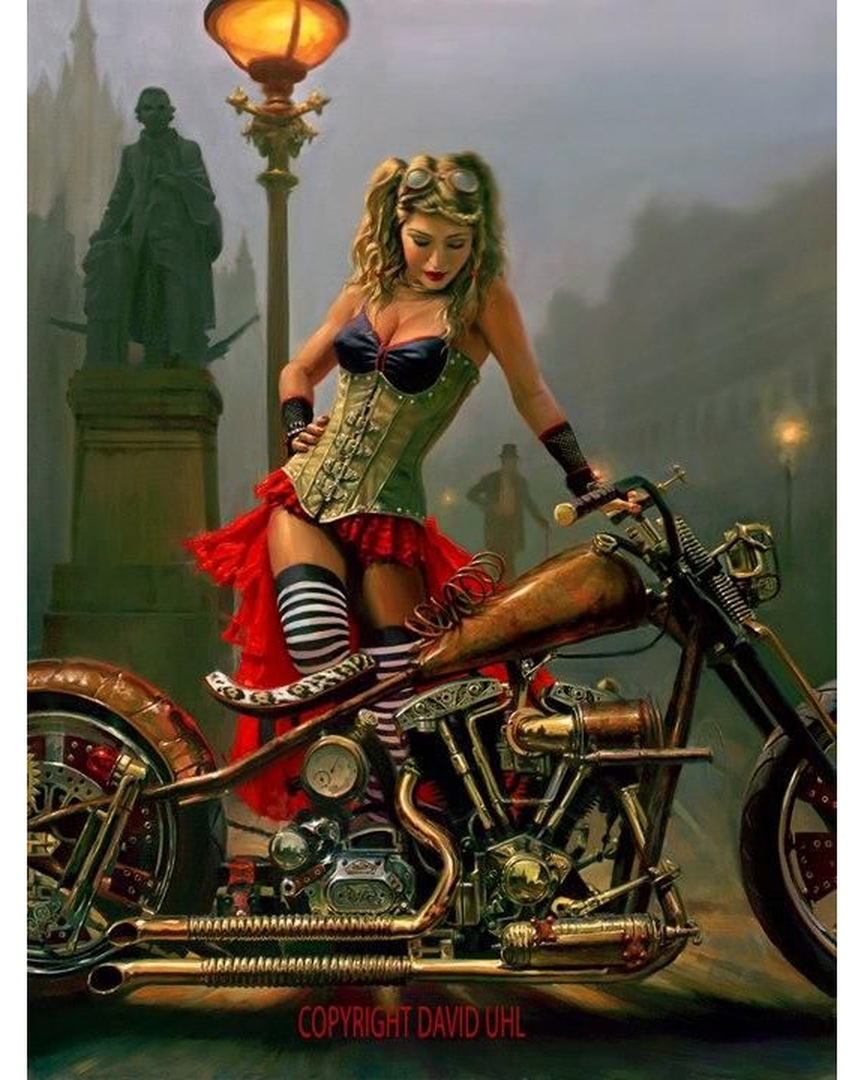 864x1080, 486 Kb / мотоцикл, байк, стимпанк, фонарь, памятник, девушка, туман