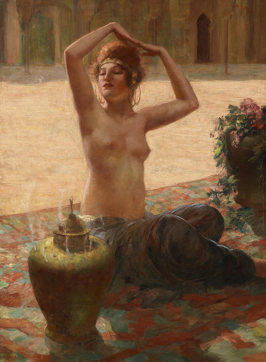 900x1225, 502 Kb / женщина, украшения, бахурница, дым, ковер, картина