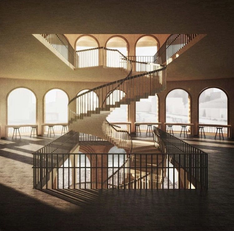 750x741, 179 Kb / архитектура, лестница, арки, тень, свет