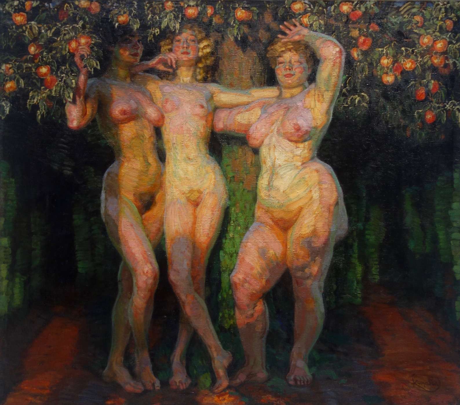 1588x1400, 581 Kb / Франтишек Купка, Осеннее солнце, картина, рисунок, девки, сад, яблоки