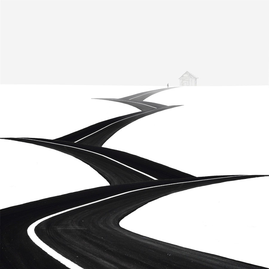 900x900, 73 Kb / Дорога, снег, ч/б, зигзаг