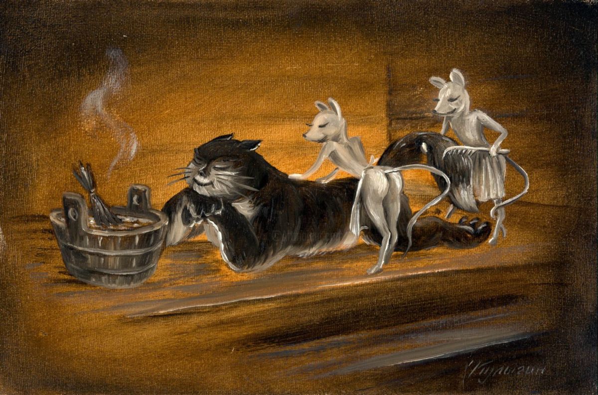 1200x792, 201 Kb / баня, кот, мыши, персонал, чан, веник, пар, картина