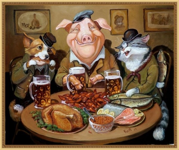 600x503, 191 Kb / Свинья, собака, кот, пиво, раки, курица, рыба, икра, конт