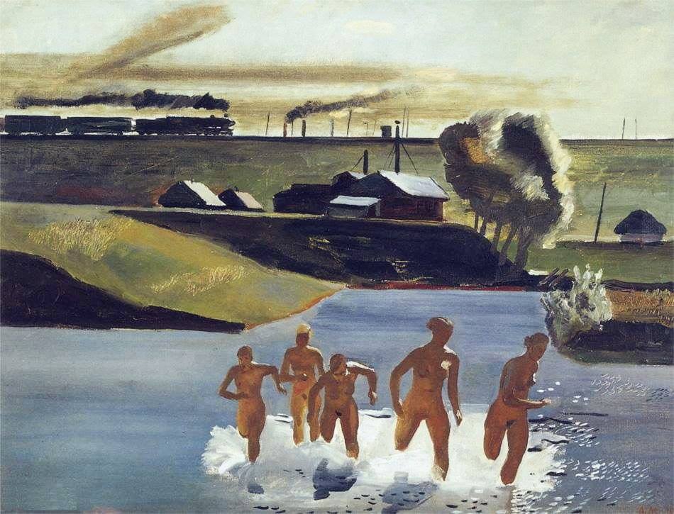 950x725, 102 Kb / картина, река, паровоз, Дейнека