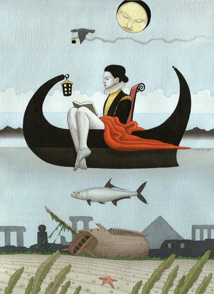 437x600, 76 Kb / лодка, женщина, книга, рыба, фонарь, корабль, вода,  луна, птица