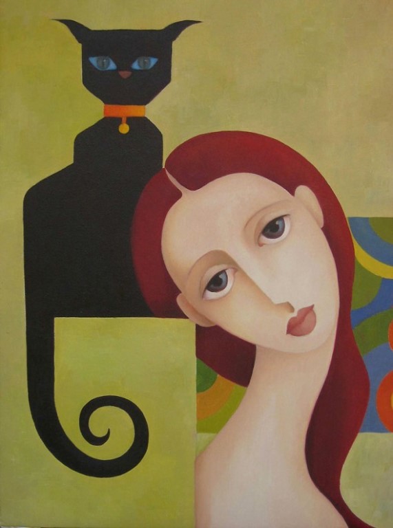 571x768, 59 Kb / девушка, кошка, рисунок, Mercedes Garcia Bravo