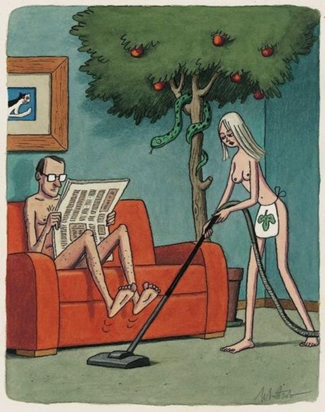 645x818, 77 Kb / Адам, Ева, Змий, диван, газета, пылесос, Франко Маттичино, Franco Matticchio