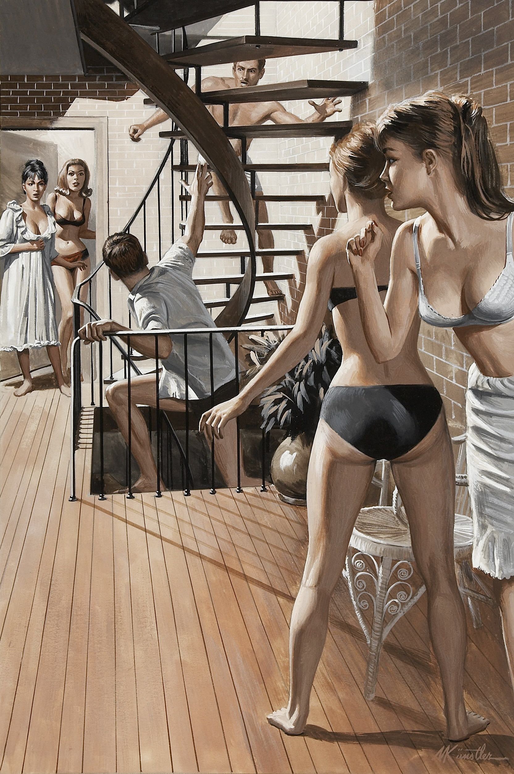 1665x2507, 635 Kb / рисунок, лестница, коридор, дверь, погоня