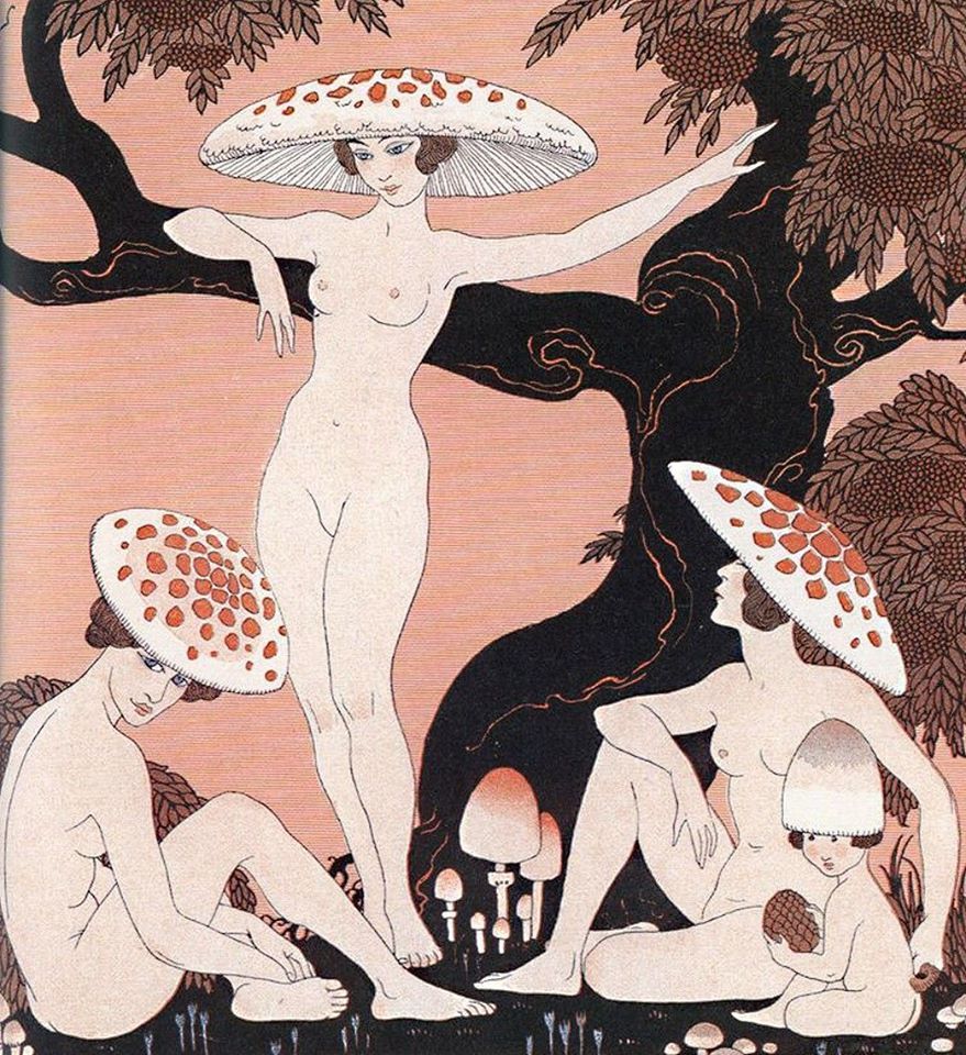 879x960, 218 Kb / девка, дерево, грибы, рисунок