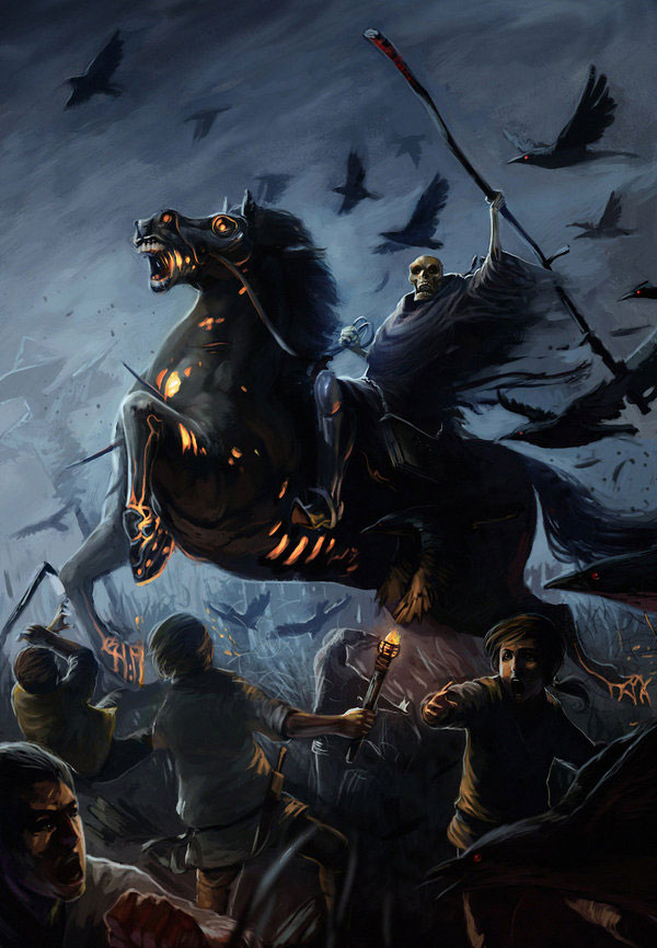 600x866, 101 Kb / всадник, скелет, посох, факел, вороны, смерть, коса, жнец