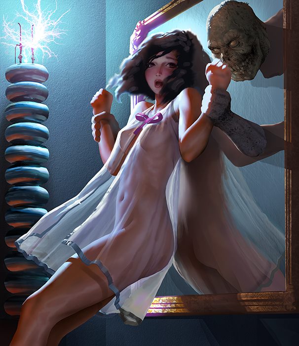 606x700, 80 Kb / зеркало, монстр, пеньюар, ночнушка, Steven Stahlberg