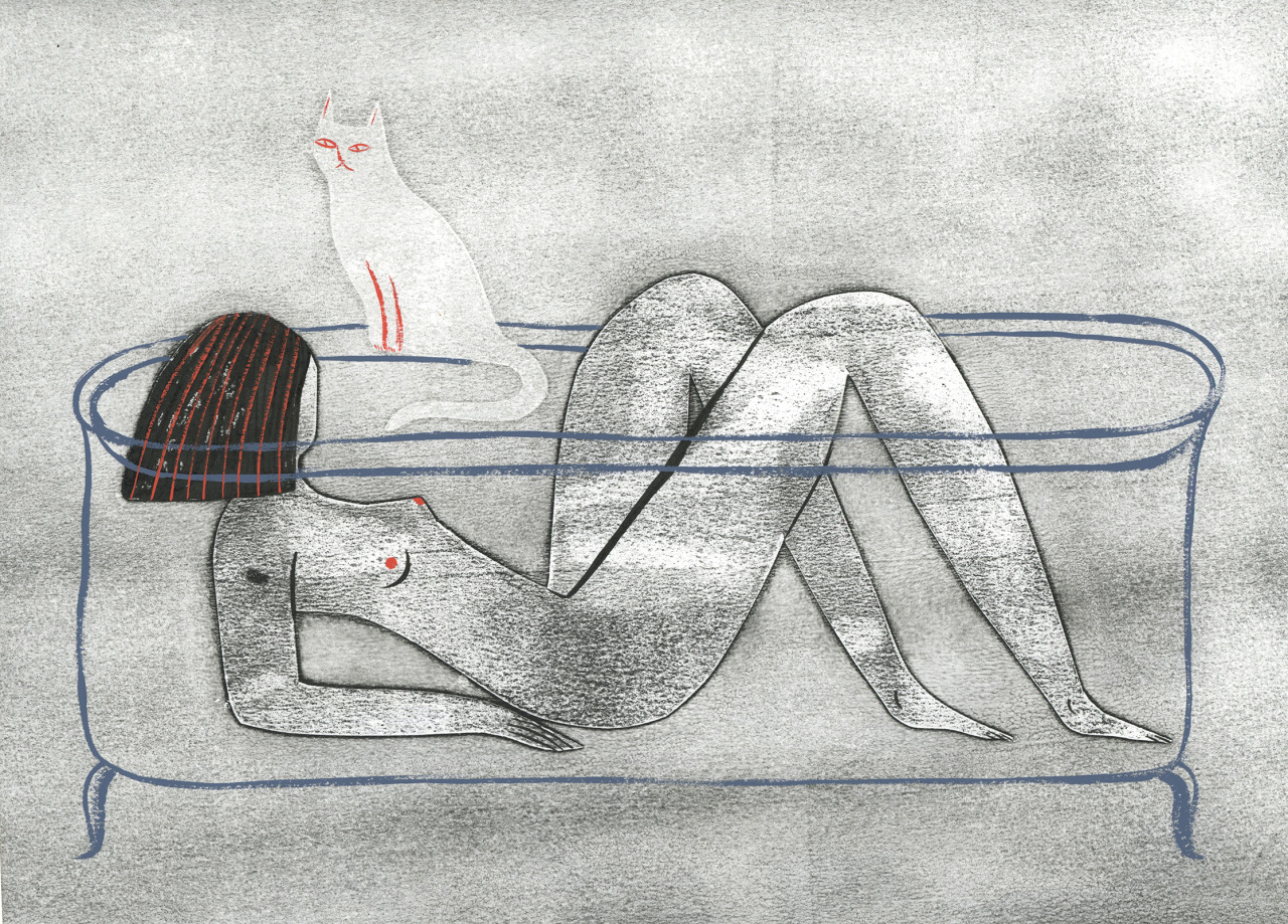 1280x919, 619 Kb / девка, кошка, ванна, рисунок