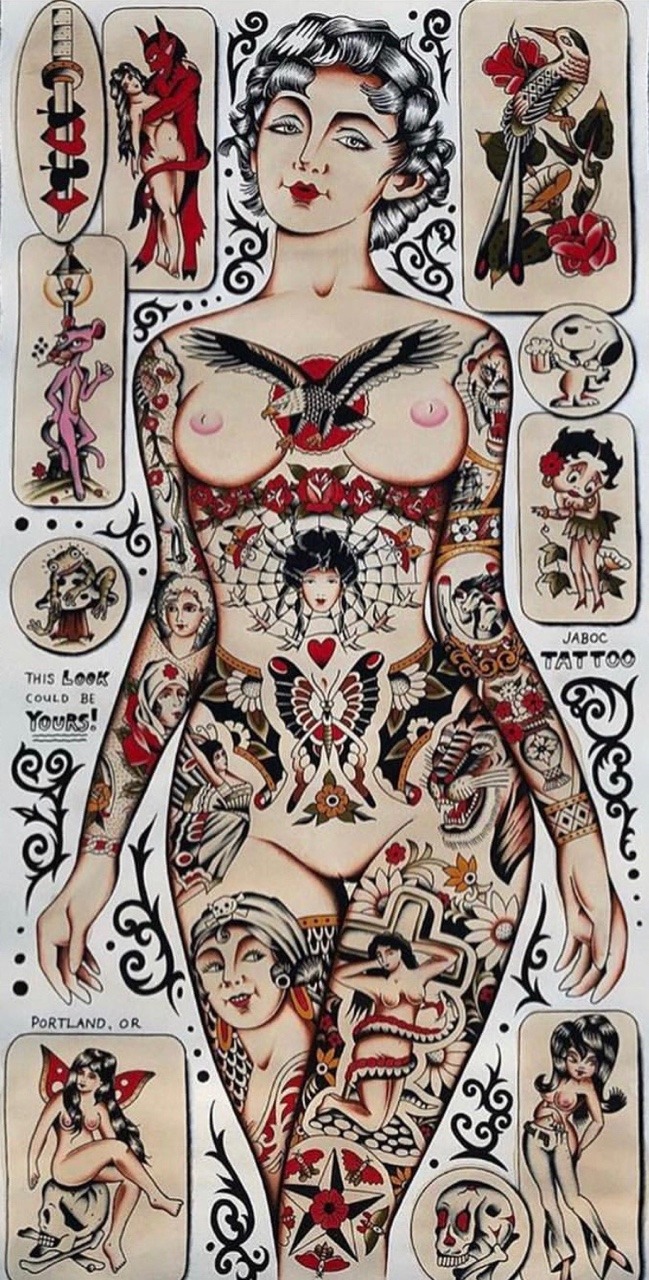 649x1280, 336 Kb / девка, татушки, рисунок, розовая, пантера