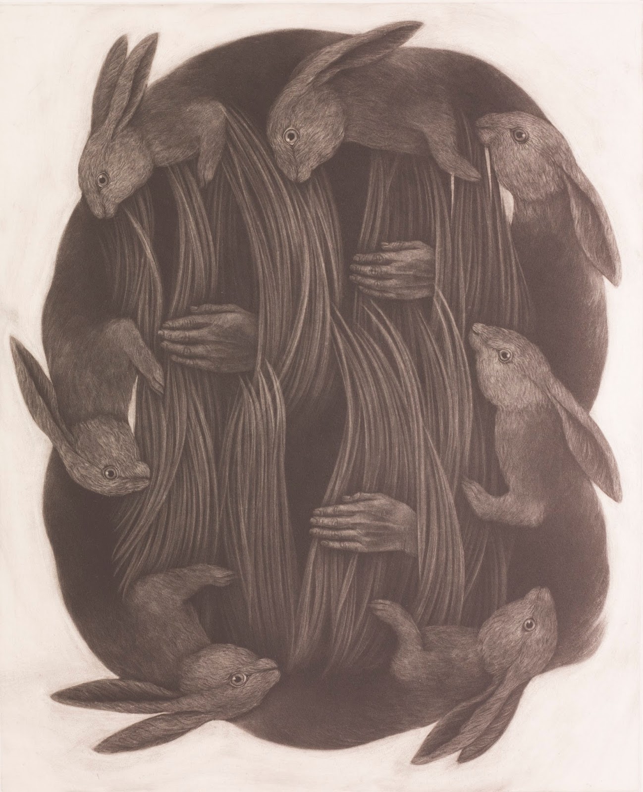 1298x1600, 386 Kb / кролики, руки, сено, рисунок, Asumi Hayashi