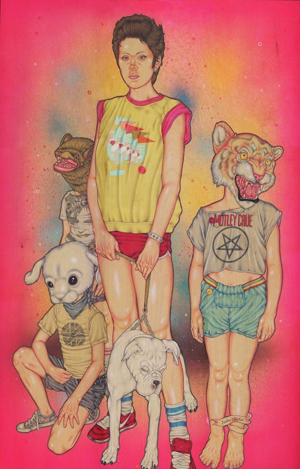 614x960, 120 Kb / девка, дети, маска, тигр, собака, пентаграмма, рисунок, John Jesse