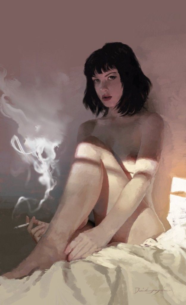625x1024, 54 Kb / девка, сигарета, дым, постель, рисунок