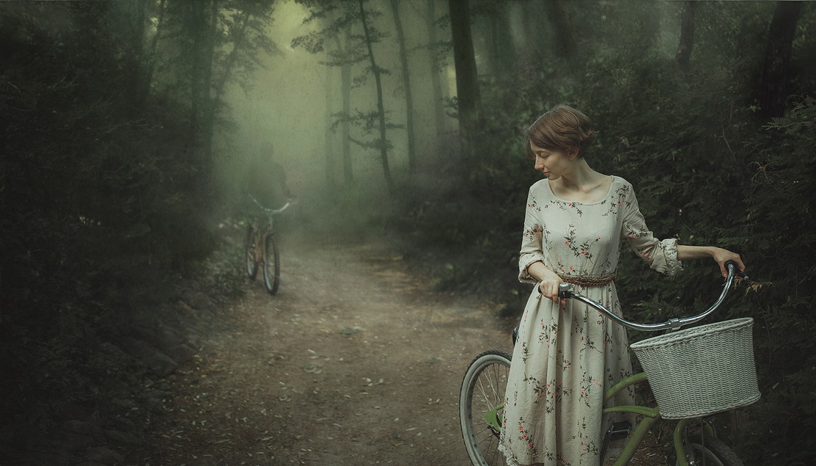 1192x680, 273 Kb / двое, лес, деревья, туман, велосипеды, корзина, тропа