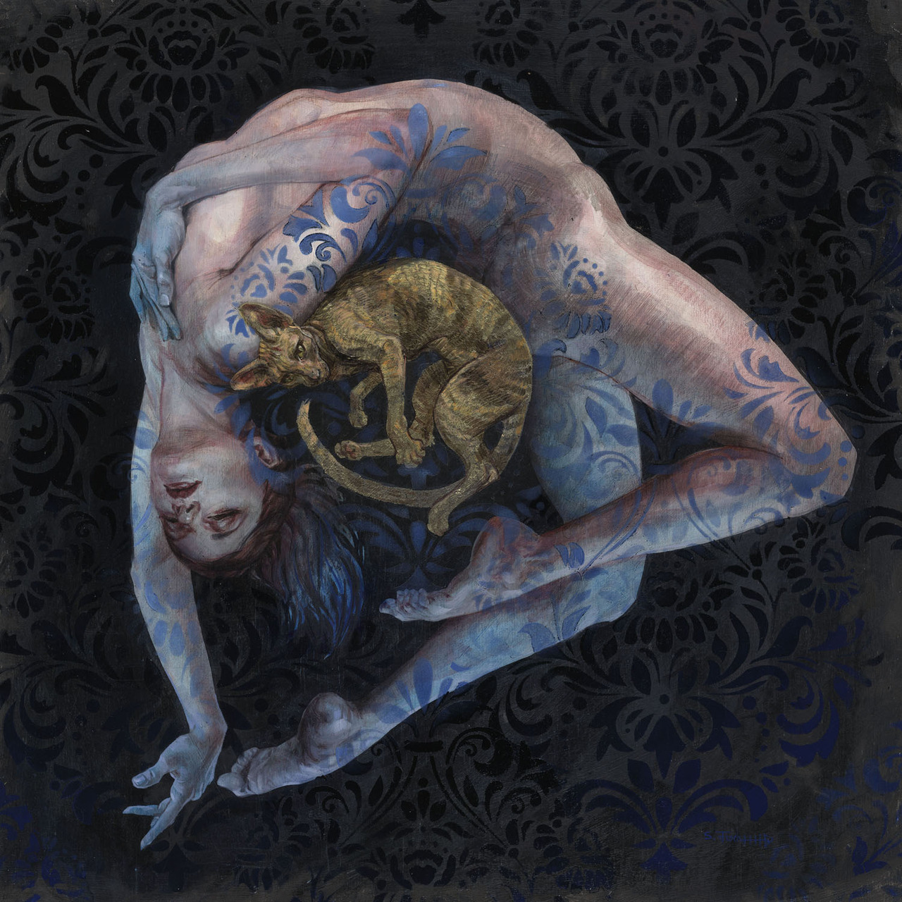 1280x1280, 491 Kb / девка, кошка, рисунок, поза, бодиарт