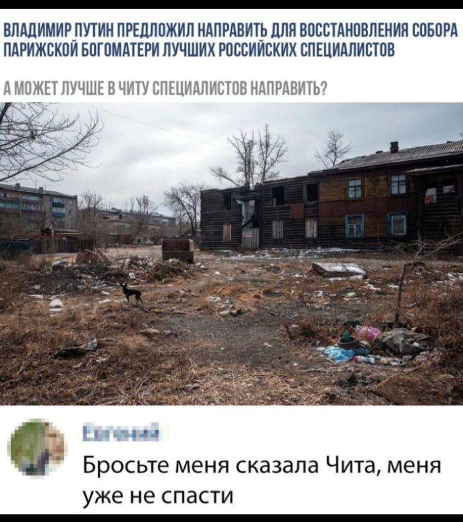 909x1024, 129 Kb / Путин, Чита, разруха, мусор, Париж, собор, Парижской, богоматери, собака, барак