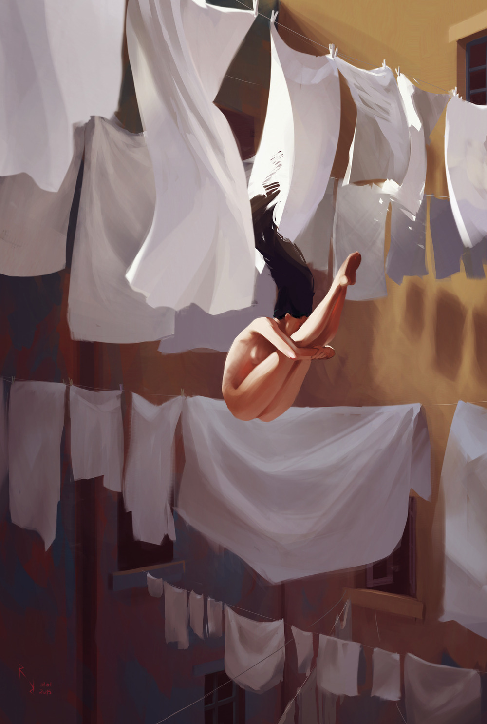 1000x1485, 230 Kb / девка, бельё, простыня, прыжок, рисунок