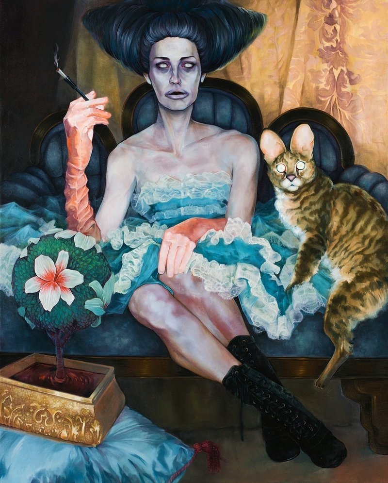 800x995, 175 Kb / дама, мундштук, кот, ушастый, рисунок