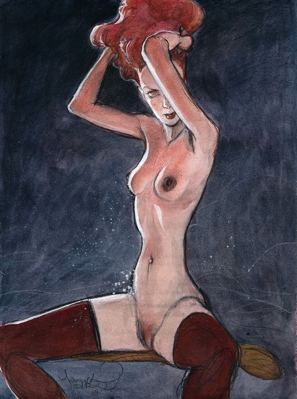 954x1280, 449 Kb / девка, рыжая, чулки, рисунок