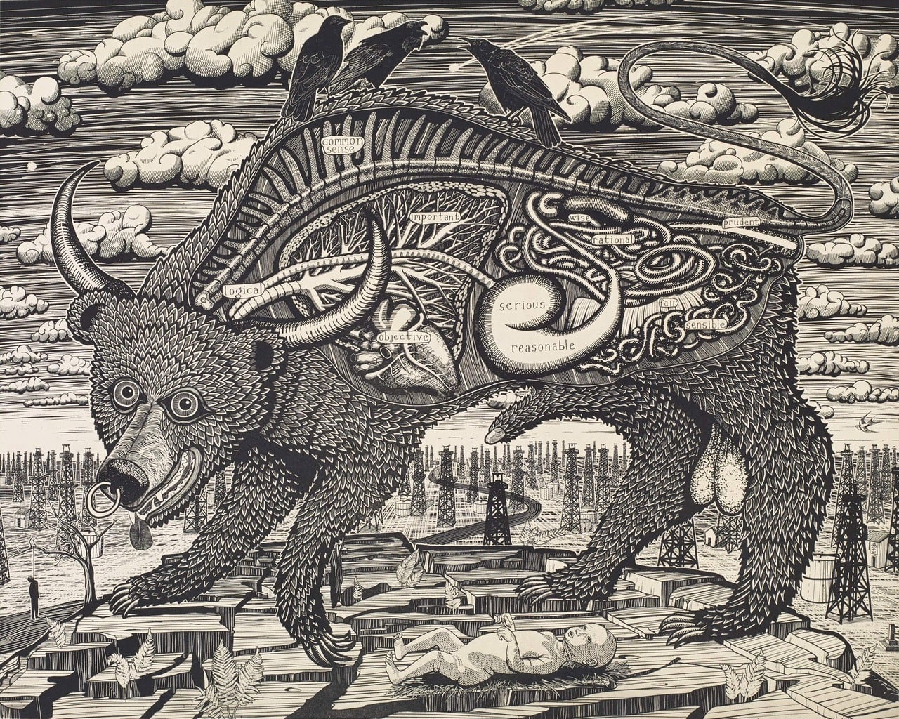 1280x1024, 534 Kb / медвебык, вороны, рисунок, ч/б, Grayson Perry, Animal Spirit