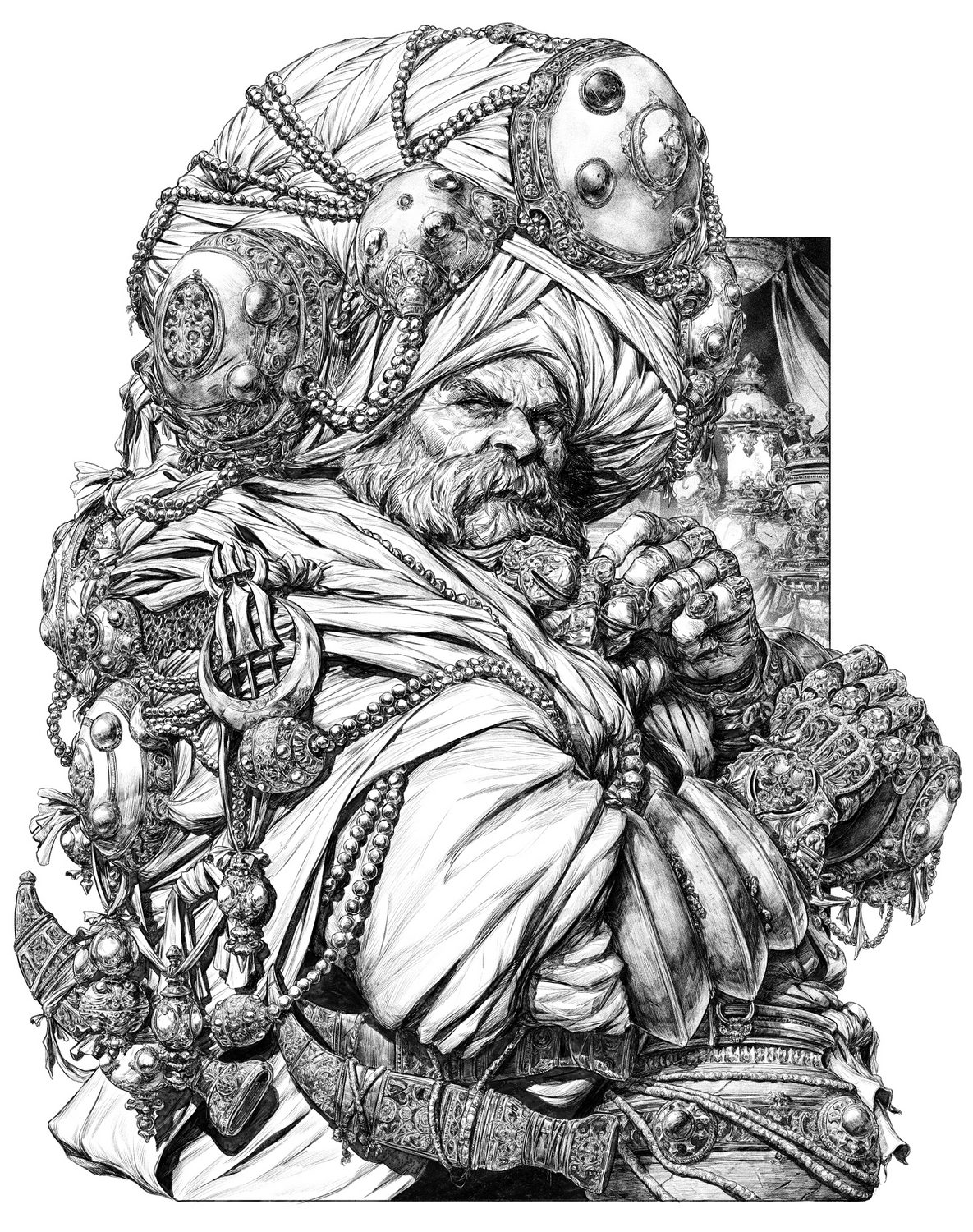 1185x1500, 615 Kb / сикх, кинжал, чалма, Dave Rapoza, тюрбан, рисунок, ч/б