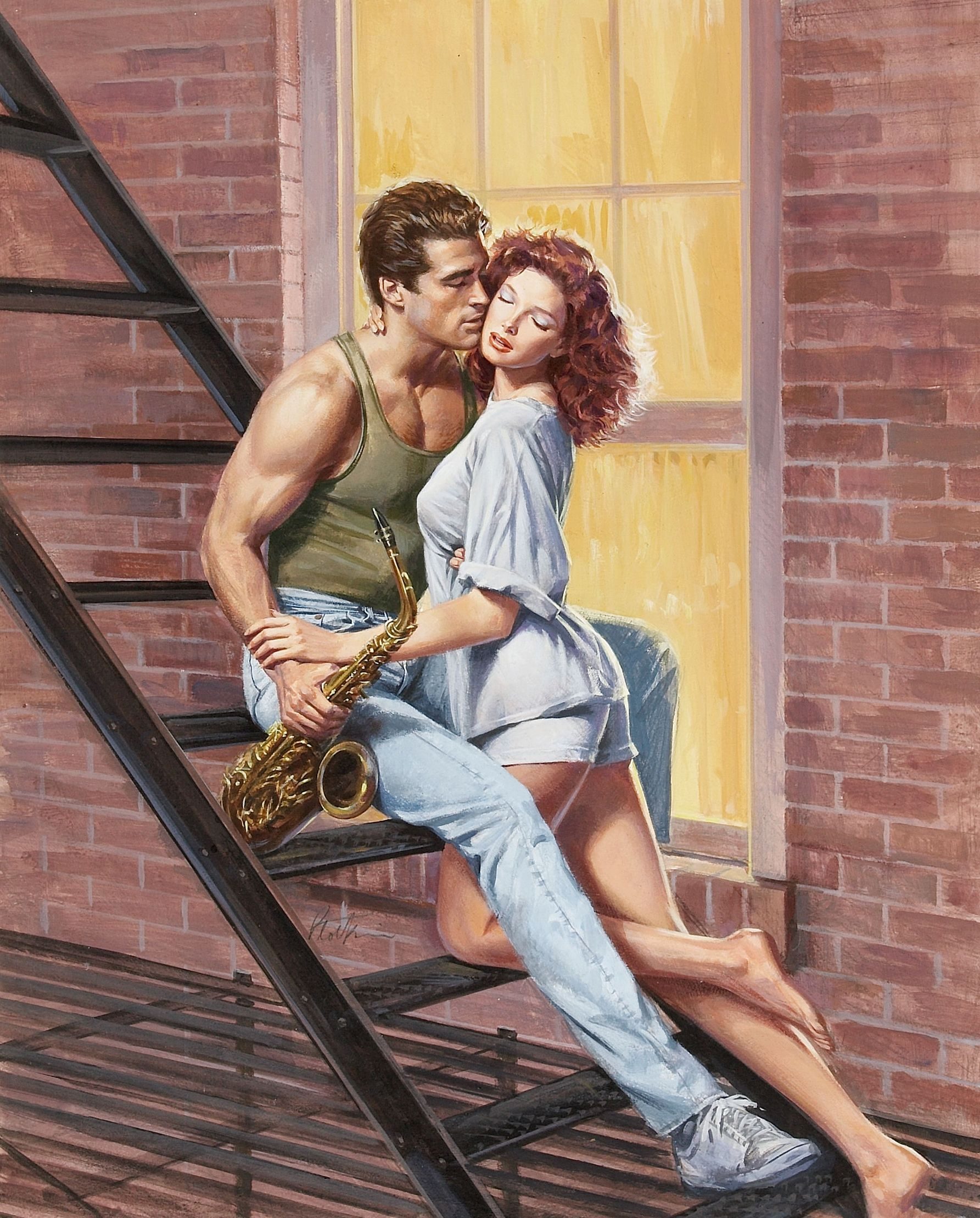 1785x2218, 629 Kb / лестница, саксофон, алкоголичка, пара, шорты