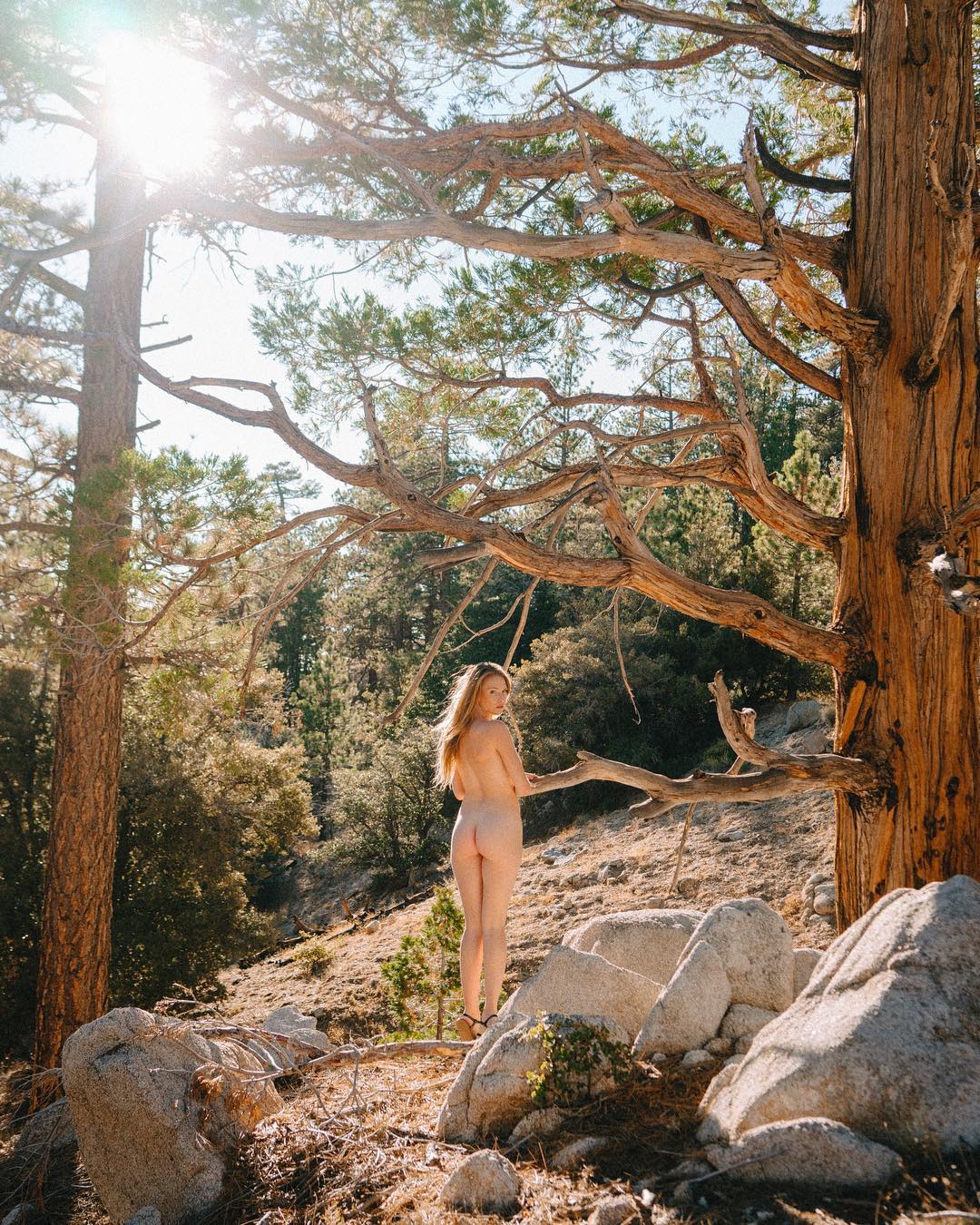 1080x1350, 360 Kb / Склон, дерево, сосна, голая, блондинка, туфли, камни