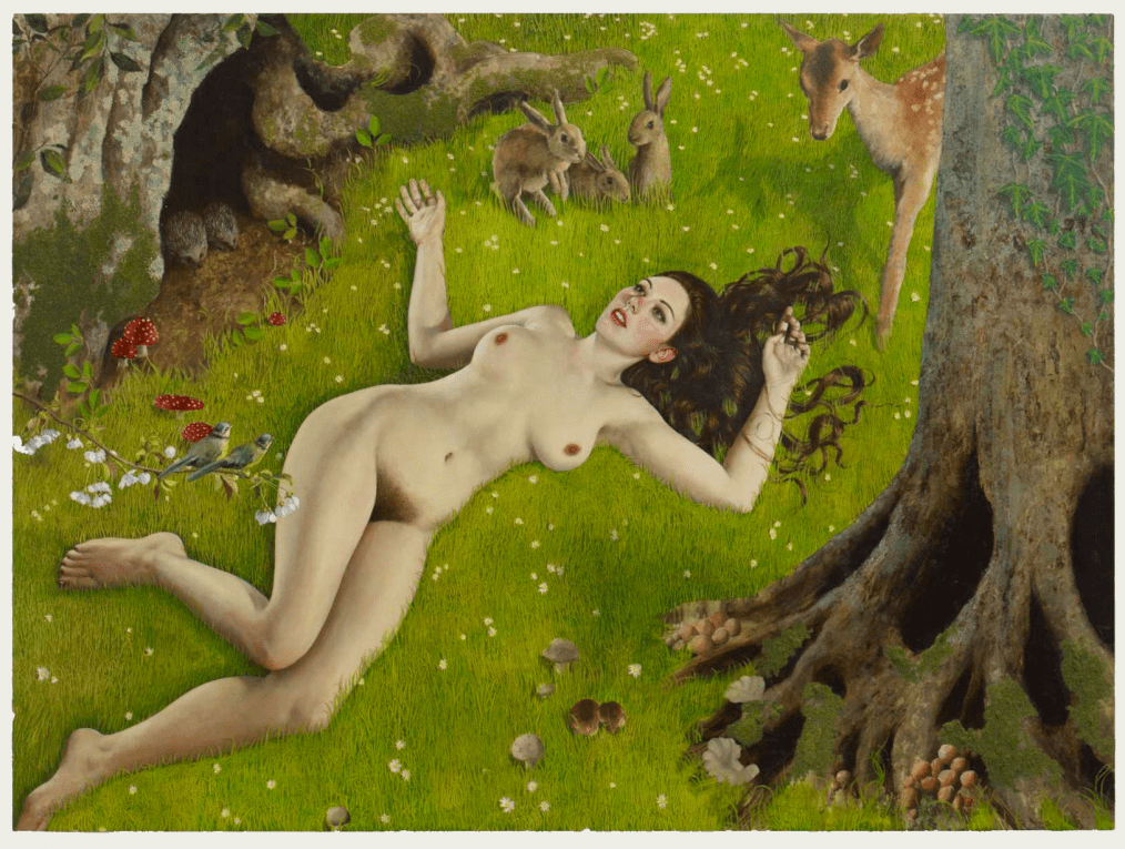 1014x765, 486 Kb / девка, лужайка, грибы, зверушки, рисунок, Stuart Pearson Wright