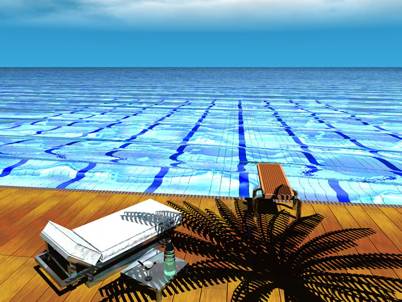 800x600, 137 Kb / бесконечность, бассейн, море, лежак, пальма, тень, рендер