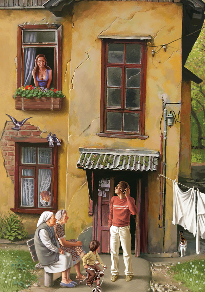 709x1012, 265 Kb / дом, крыльцо, бабки, мужчина, женщина, флирт, кот, ребенок, велосипед, белье, окна