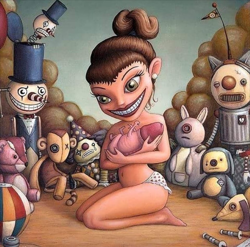 960x948, 164 Kb / рисунок, питомец, на руках, куклы, улыбка