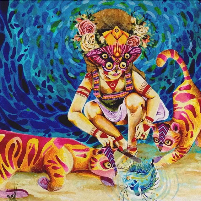 640x640, 176 Kb / девка, коты, рисунок, сюр