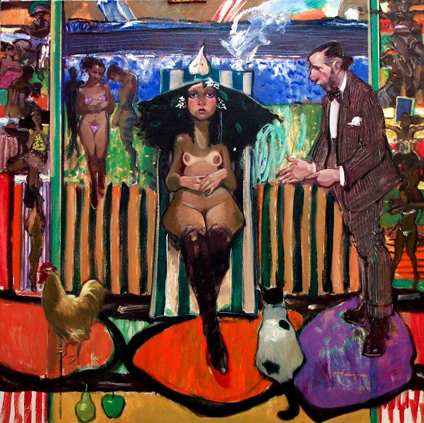 600x599, 213 Kb / девка, шляпа, петух, кошка, рисунок