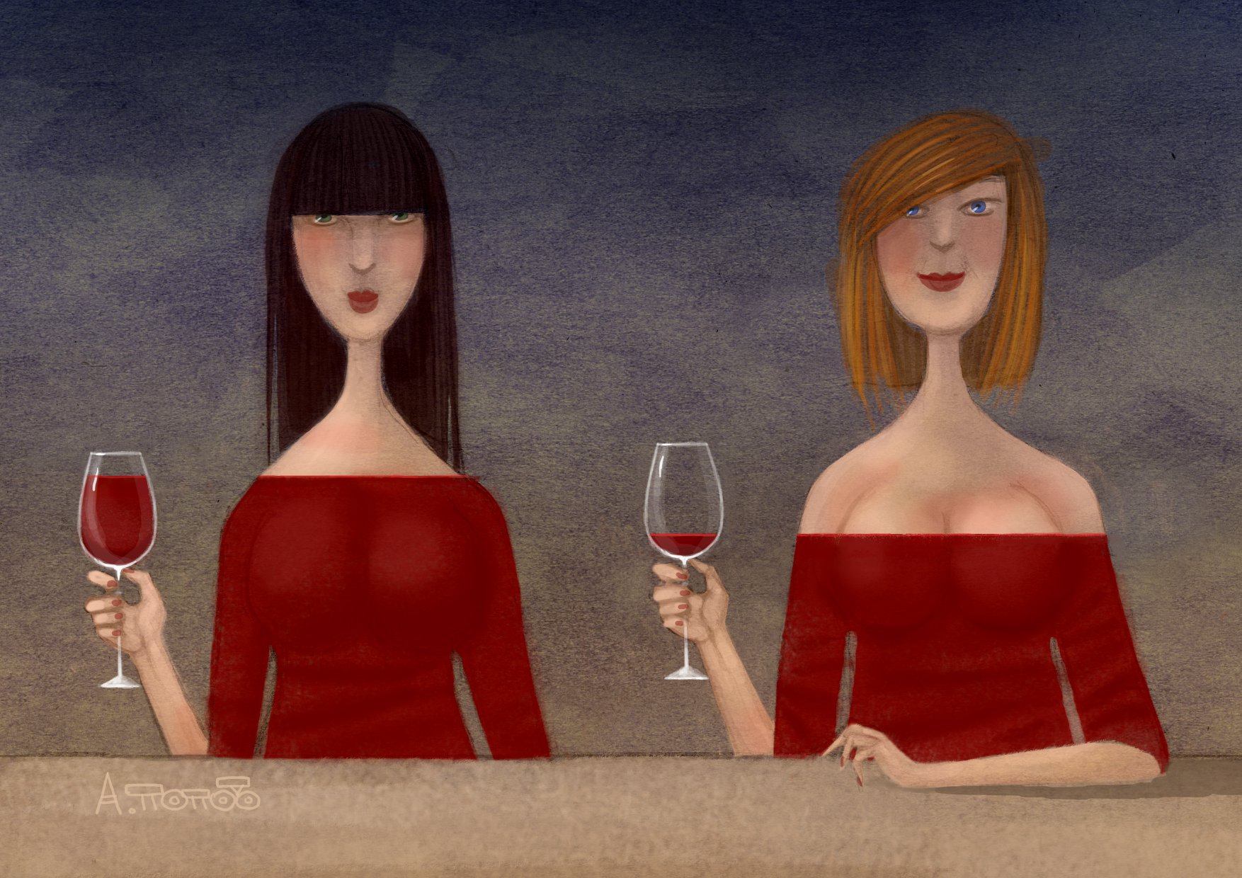 1754x1240, 366 Kb / Андрей Попов, блондинка, брюнетка, декольте, вино, уровень, глубина, бокал