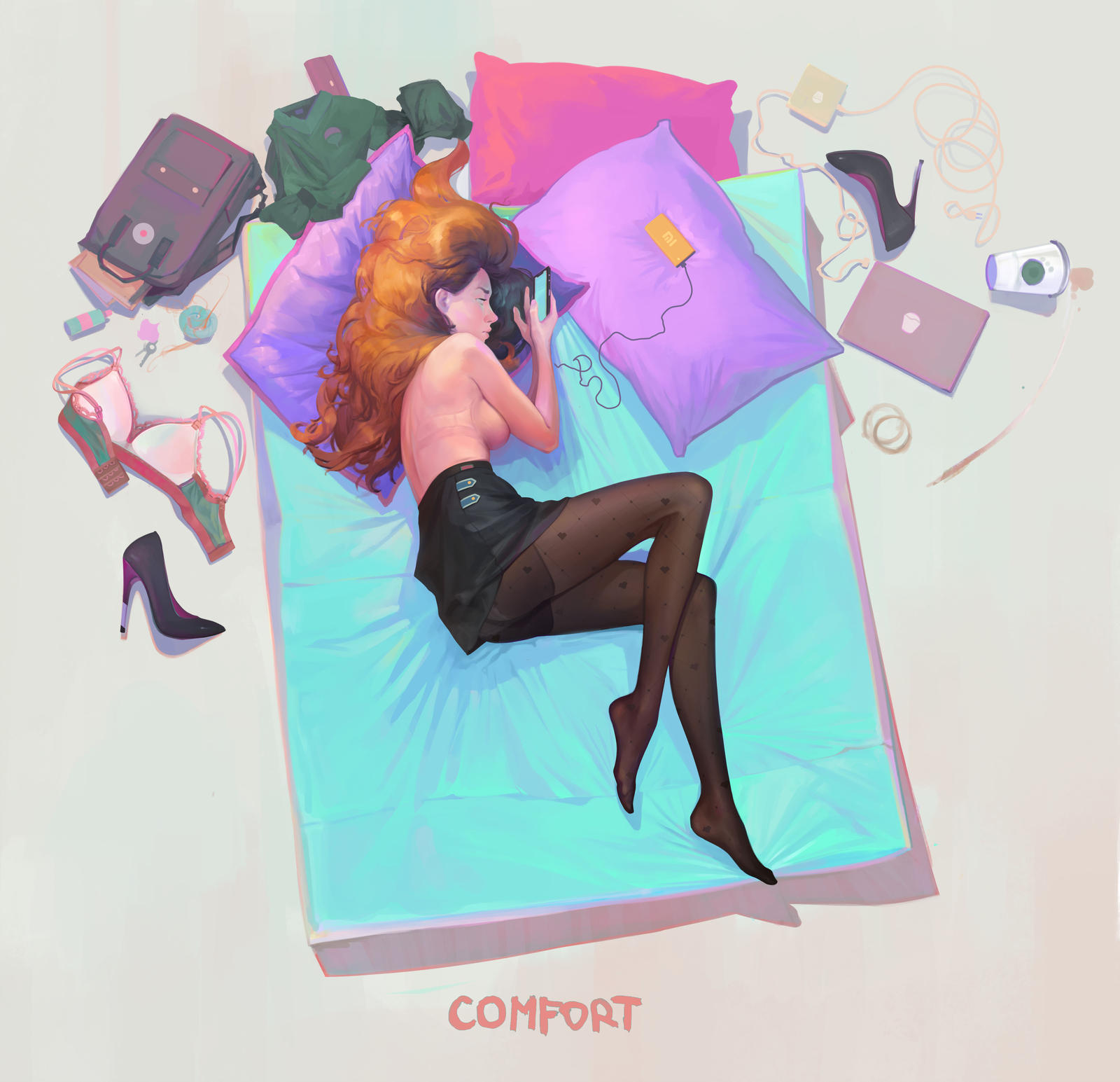 1600x1545, 191 Kb / кровать, зарядка, одежда, туфли, юбка, чулки, haryarti