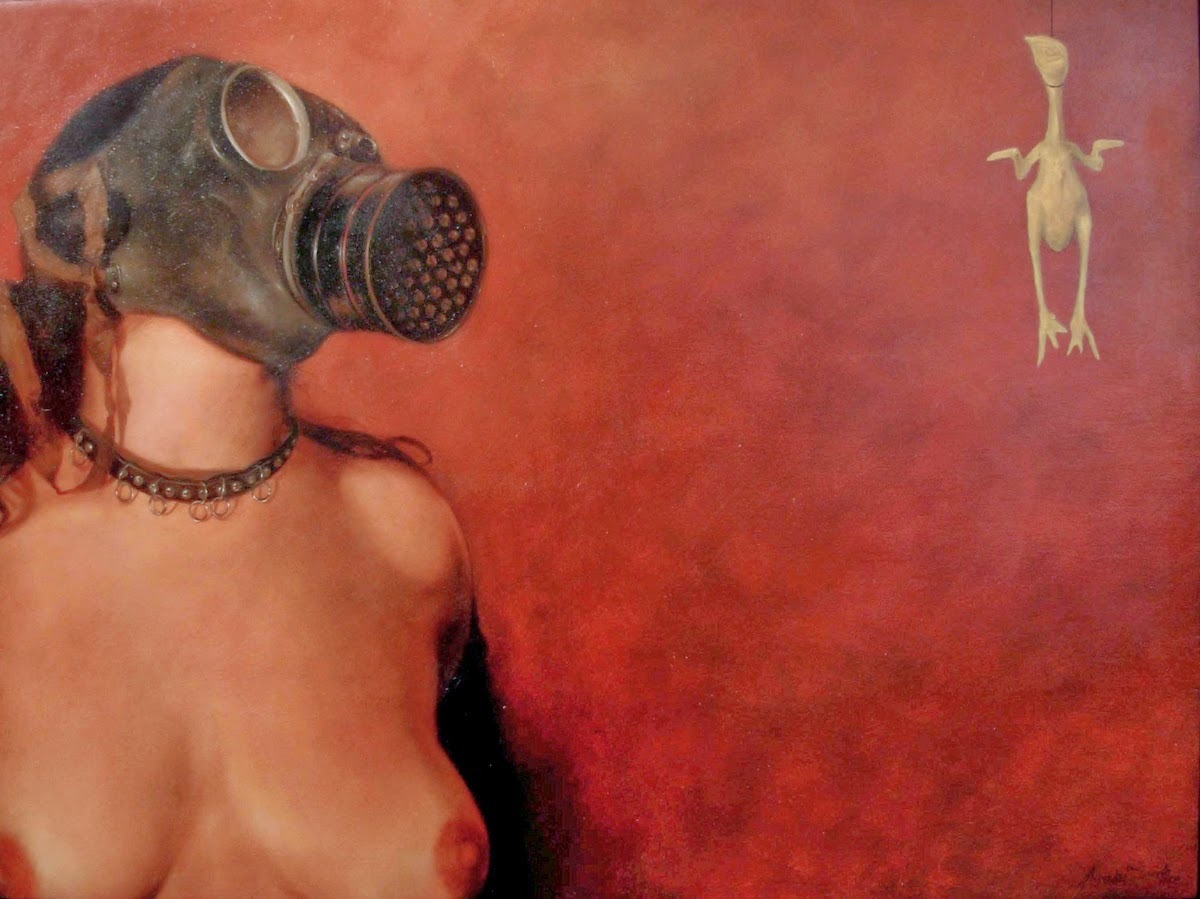 1200x899, 186 Kb / девка, противогаз, курица, рисунок, красно