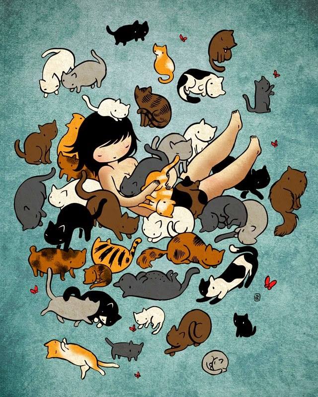 640x800, 115 Kb / девка, кошки, рисунок