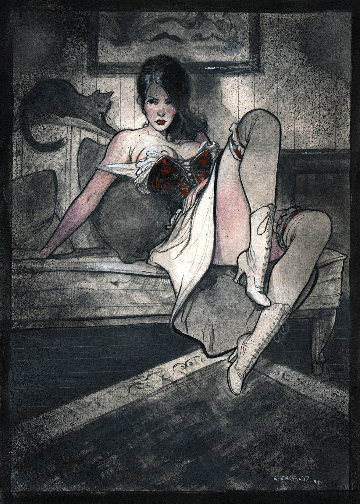 1181x1655, 636 Kb / корсет, чулки, кошка